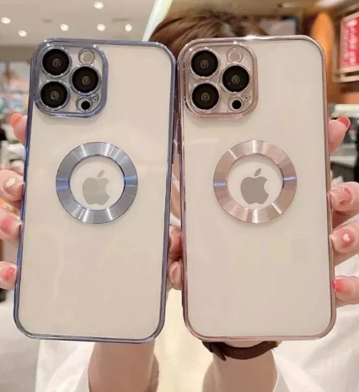 Estuche transparente para teléfono con protección de lentes con logotipo electrochapado para iPhone 14