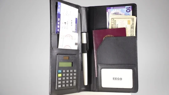 Portatarjetas de pasaporte de viaje multifunción de negocios de cuero PU con logotipo personalizado con calculadora